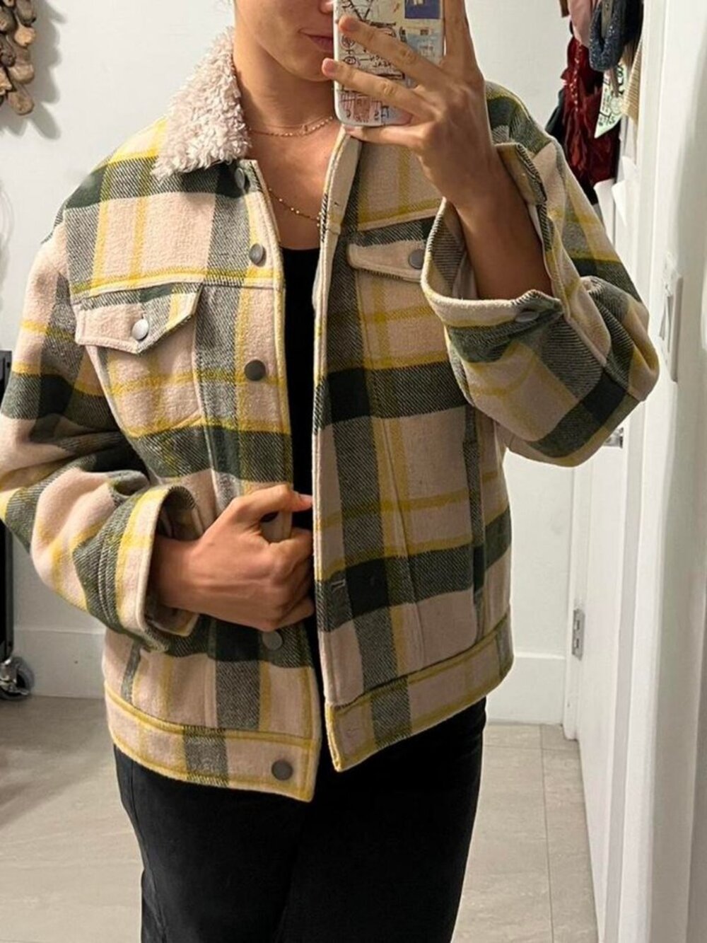 Urban Outfitters Yellow and cream and green plaid shacket with faux fur collar